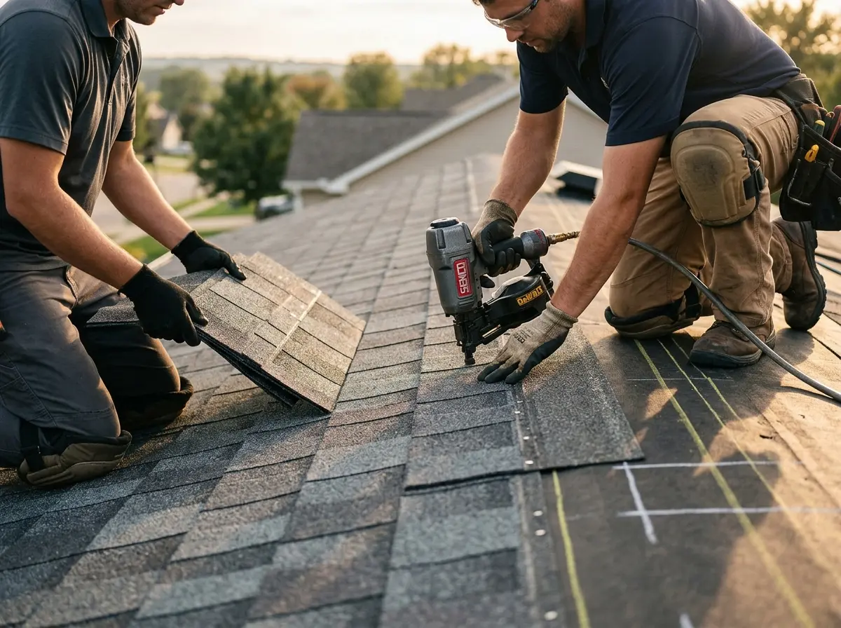 Professional roofer working on a residential roof in Fowler